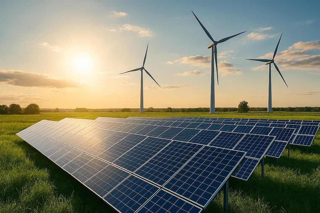 Bild einer grünen Wiese mit Solarmodulen und Windkraftanlagen im Hintergrund.